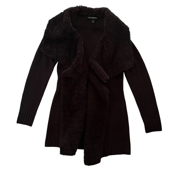 Derek Heart Womens L Black Faux Fur Collar Long Cardigan Sweater Open Front Knit - Picture 1 of 16